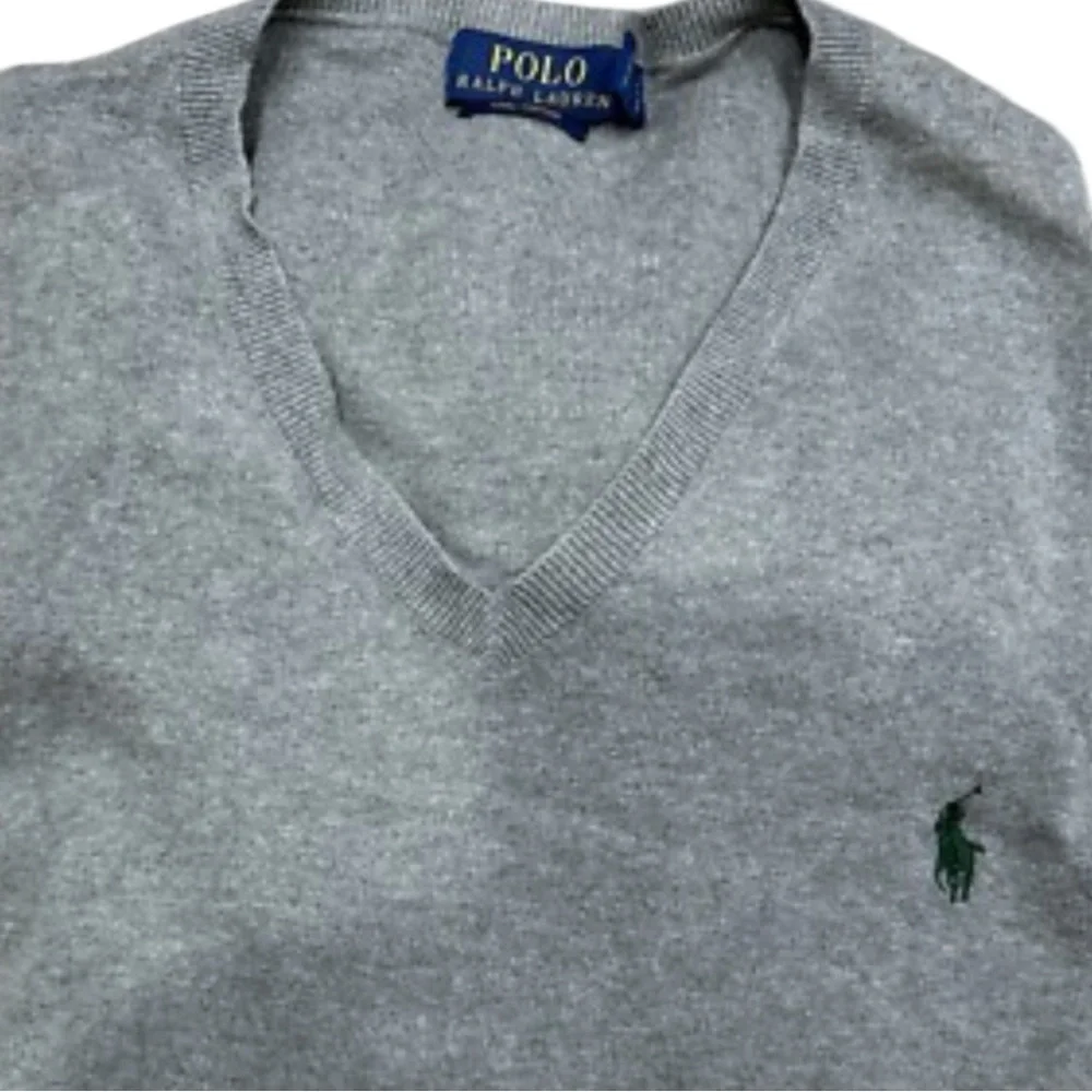 Polo Ralph Lauren Pima Cotton V Neck Grey Sweater Green Pony Men Size L